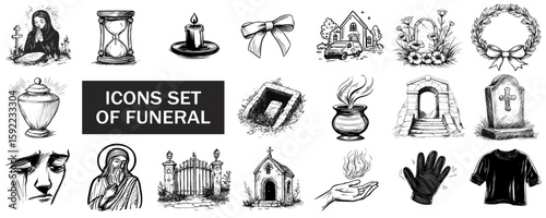 Icons set of funeral in black and white illustrations, vector icon set in sketch style funerals and funeral services
