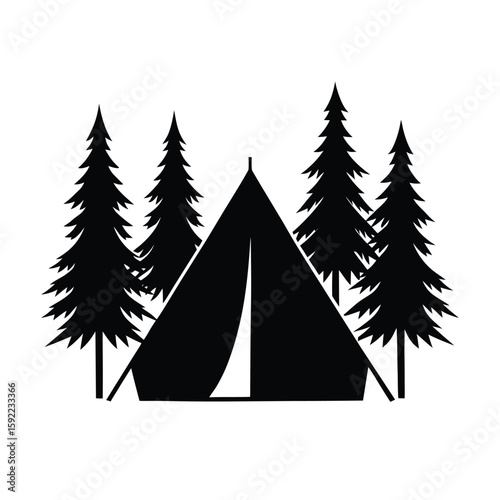 Camp Tent Nestled Peacefully In Forest Scene Line Art Vector illustration