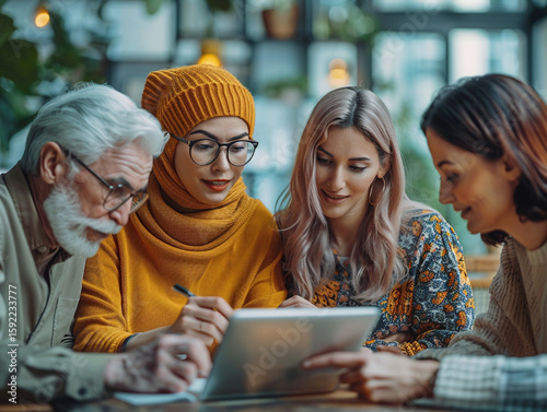Multi-generational workplace collaboration, Gen Z and Baby Boomers working together on tablet, diverse ages sharing knowledge