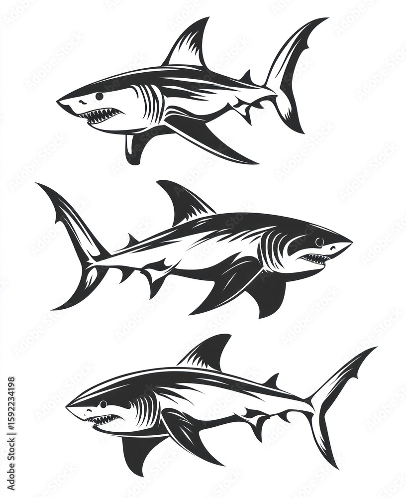 Fototapeta premium Three sharks in a vintage style