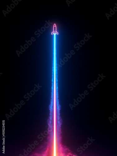 Tiny rocket ascending along brilliant blue laser beam