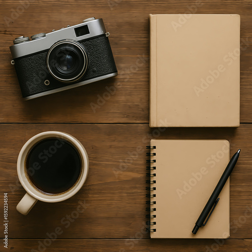 Retro camera with notebooks, pen, and black coffee on wooden desk – vintage-inspired workspace flat lay
