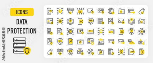 Data Protection icons. Dns, Public, Ip Address, Secure Folder, Profile, Key, Encrypted Data, Network, Ssl, Settings, Cloud Server, Restricted, World Grid stroke vector illustration.	
