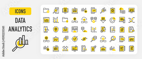 Data analytics icons. Database, Laptop, Stock Market, Data Science, Statistics, Prediction, Data Report, Development, Cloud Server, Target, Management stroke vector illustration.	
