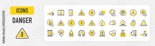 Danger icons. Warning, Electrical Danger Sign, Do Not Pass, Mushroom, Warning, Mobile Phone, Co2, High Noise, Fire, Bug, Alarm, Laptop, Poison, Bomb stroke vector illustration.	

