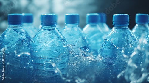 Crystal clear water bottles submerged in refreshing water splash, highlighting clean hydration and environmental awareness concepts