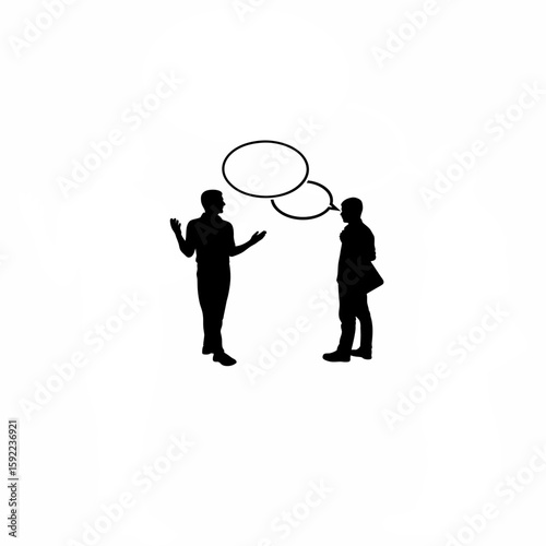 Silhouette of one person talking while other turns away on white background