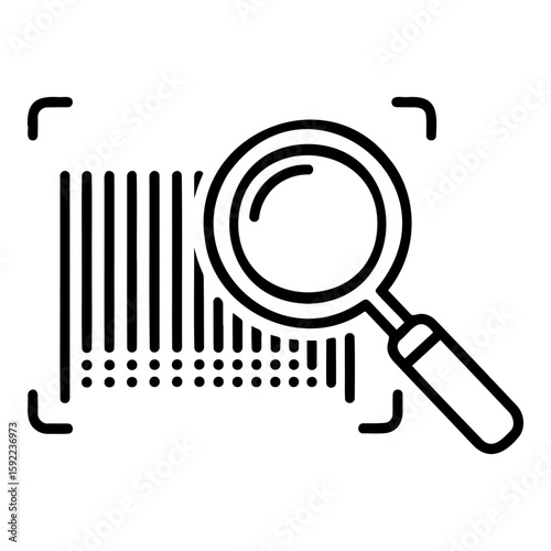 Magnifying glass over barcode icon, minimalistic design, black and white colors, scanning concept