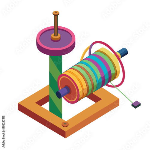 Illustration of a mini yarn winder with colorful threads and a base