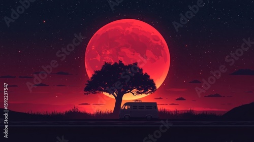 Silhouetted van beneath a blood moon
