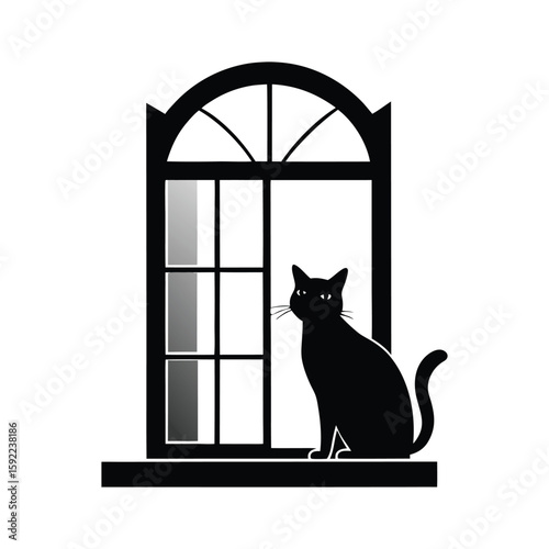 Cat Silhouette on Window Sill – Relaxed Feline Vector Icon