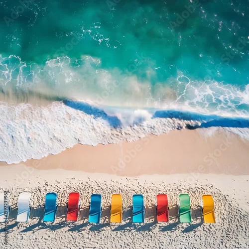 Vibrant beach scene featuring colorful chairs on soft sand under a clear blue sky and gentle waves