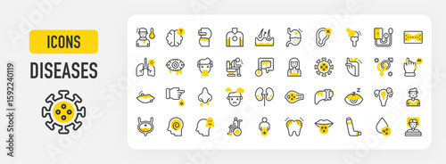 Diseases icons. Cartilage, Hallucination, Std, Hair Loss, Dehydration, Cervical, Drowsiness, Glaucoma, Paralysis, Alzheimer, Depression, Anemia, Kidney Stone vector stroke illustration.	
