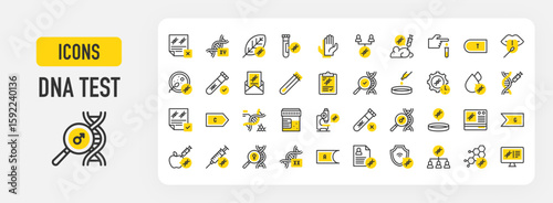 DNA test icons. Blood Test, PCR Machine, Inheritance, Chromosome, Test Results, Biotechnology, Sperm, Mouse, Test Tube, Microscope, Cotton Swab, Structure vector stroke illustration.	
