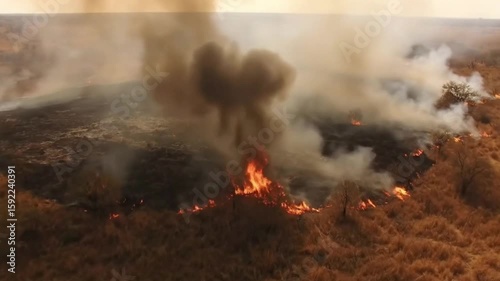 Wildfire rages across a dry grassland with smoke and flames consuming the landscape