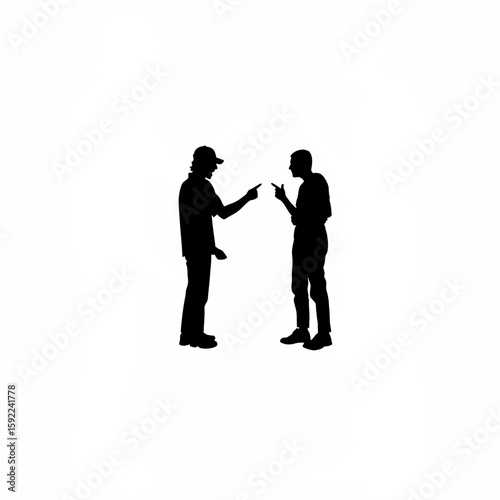 Silhouette of one worker explaining while the other disagrees on white background