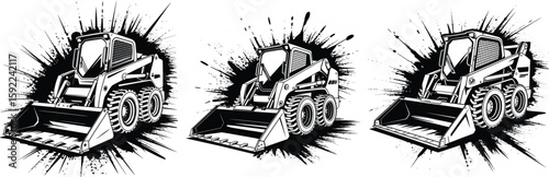 Skid Steer Loader Vector Set, Construction Equipment Illustration

