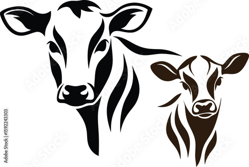 Cow and Calf Vector Illustration in Black and Brown Artistic Style