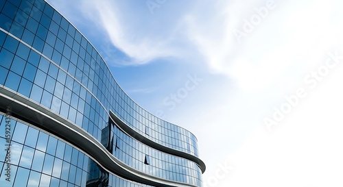 Illustration of modern glass building curves against a bright blue sky