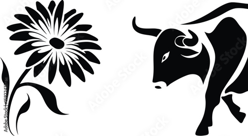 Powerful Bull Facing Elegant Flower Black and White Vector Illustration