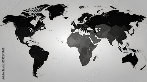 A dark, monochromatic political world map showing landmasses in various shades of grey.