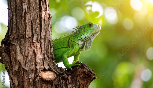 Green iguana on a tree trunk