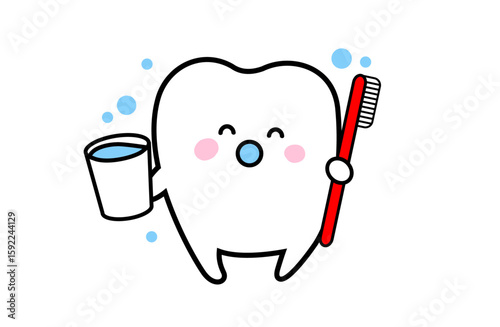 Cute Tooth Character with Toothbrush and Cup Illustration