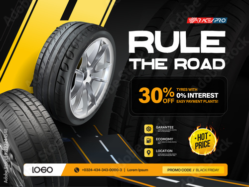 Tire car advertisement poster. Landscape poster. Web design. Information. Store. Action. Digital banner. Flyer. Booklet. Brochure. 