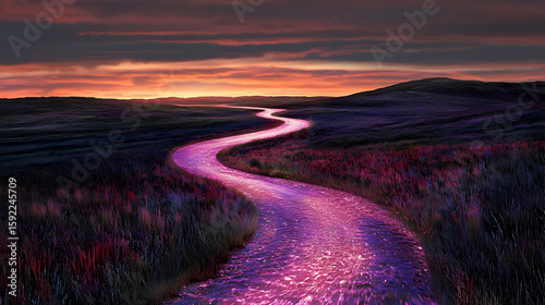 Winding path through vibrant purple landscape at dawn.  A winding road, highlighted in a vibrant purple hue, stretches through a field of purple wildflowers under a dramatic sunset