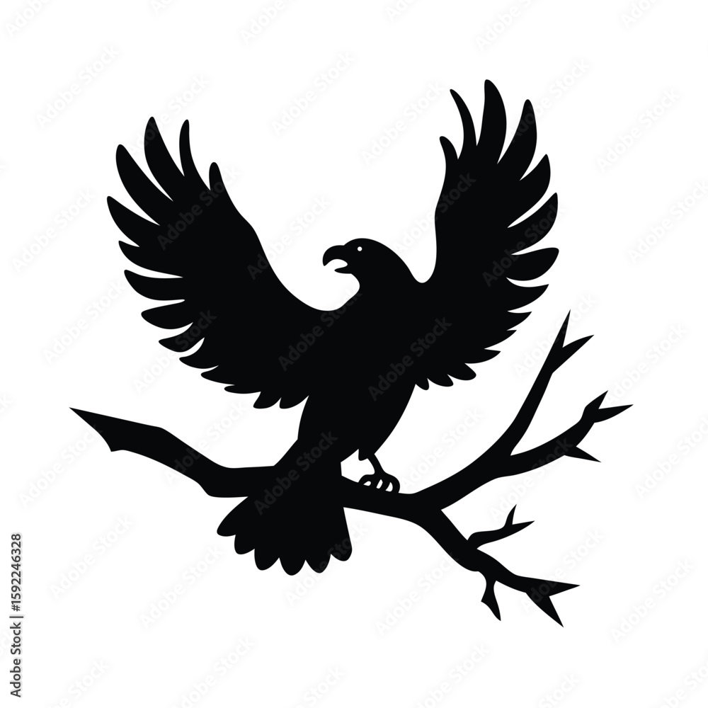 Obraz premium Eagle Landing Swiftly On A Tree Branch Scene Line Art Vector illustration