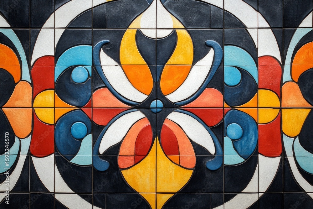 Fototapeta premium Vibrant ceramic tiles create a captivating floral design, adding artistic flair to a building's exterior