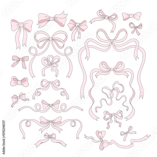 Coquette Pastel Pink Ribbon Bows in a Hand Drawn Line Art Style Vector Illustration Set Isolated on White. Perfect for Easter greeting cards, gift wrap designs, fashion accessories, and digital