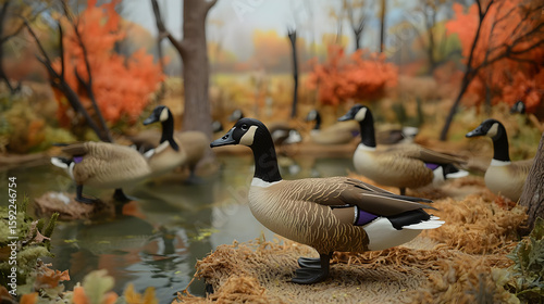 A serene scene of Canada geese in a placid pond, nestled amongst autumn foliage. Detailed figurines of the birds are positioned near the water's edge.  