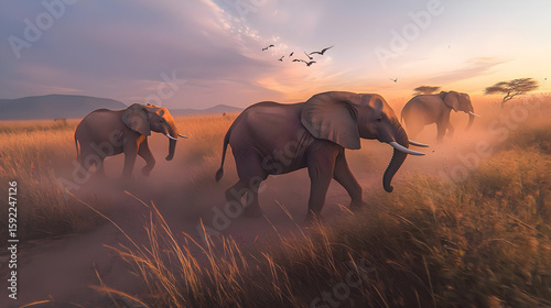 Majestic elephants walk through golden savanna at sunrise.  Dust motes dance in the air as birds fly overhead