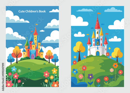 Children’s Book Cover Featuring Fantasy Royal Castle on Sunny Hill with Nature Scene

