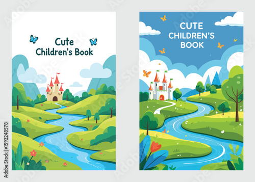 Children’s Book Cover with Flowing River, Magical Castle and Blooming Nature Background

