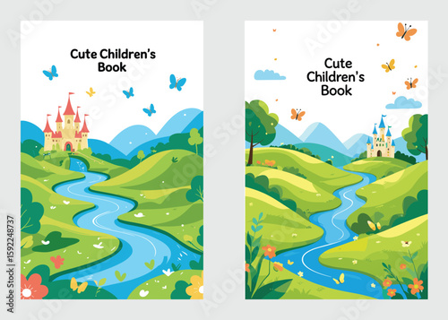 Children’s Book Cover with Fantasy Countryside River Landscape and Distant Castle

