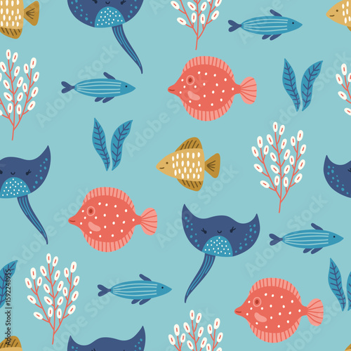 Ocean seamless pattern with stingray, fishes, seaweeds on turquoise background. Perfect for wallpaper, gift paper, summer greeting cards. Vector hand drawn child illustration