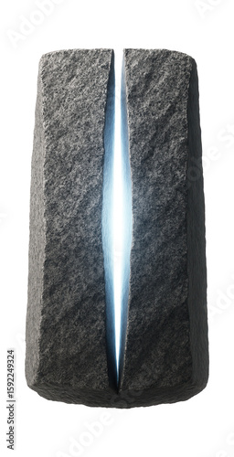 Floating granite monolith with a split center revealing a glowing core.