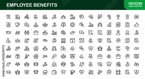 Employee Benefits Icon Set for HR, Insurance, Wellness, Payroll, and Corporate Use – Modern Vector Line Illustrations