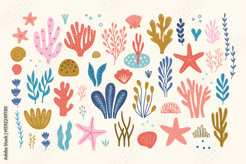 Ocean set -  corals, seaweeds, shells, bubbles, starfishes on white background. Perfect for summer greeting cards, child decorations. Vector hand drawn illustration