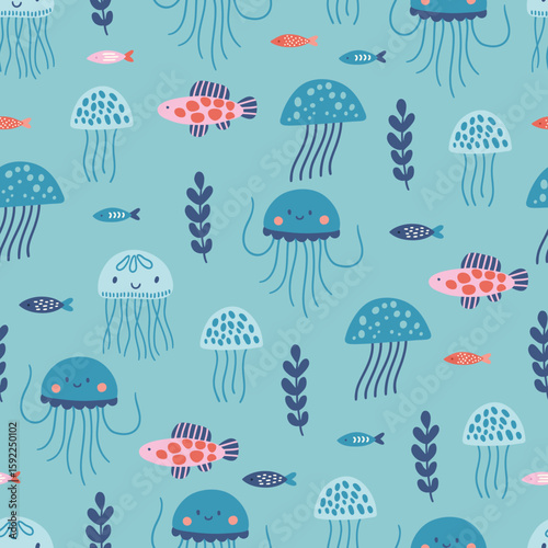Ocean seamless pattern with jellyfishes, fishes and seaweeds on turquoise background. Perfect for wallpaper, gift paper, summer greeting cards. Vector hand drawn child illustration