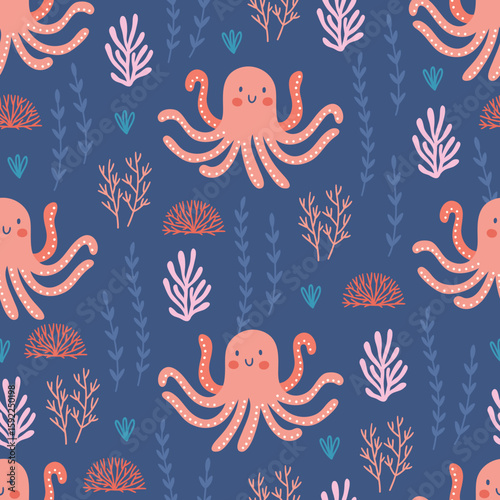 Ocean seamless pattern with octopus, seaweeds and corals on blue background. Perfect for wallpaper, gift paper, summer greeting cards. Vector hand drawn child illustration