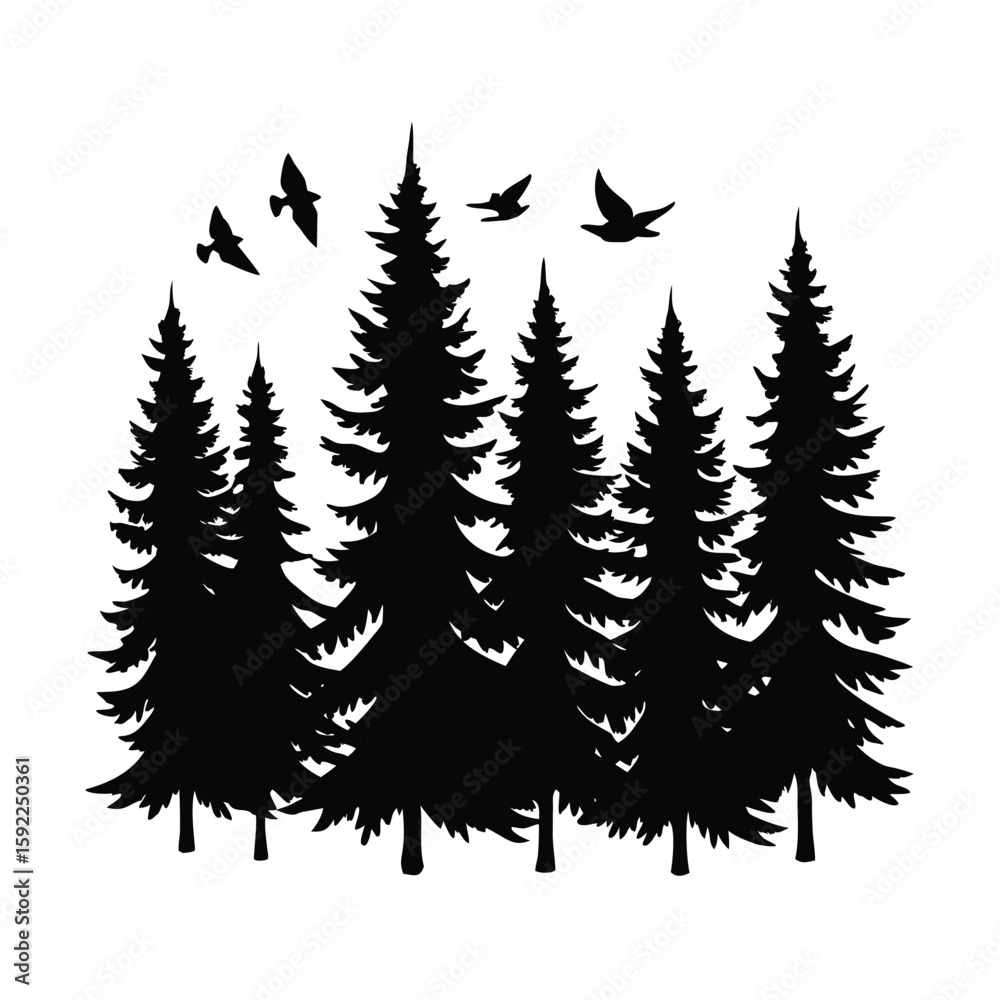 Fototapeta premium Pine Forest Filled With Birds In Flight Scene Line Art Vector illustration