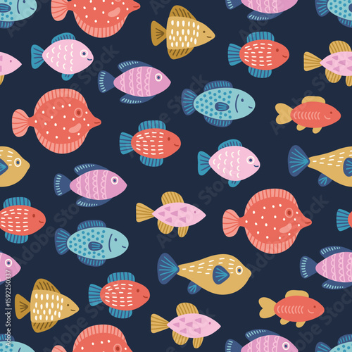Ocean seamless pattern with colorful fishes on dark background. Perfect for wallpaper, gift paper, summer greeting cards. Vector hand drawn child illustration