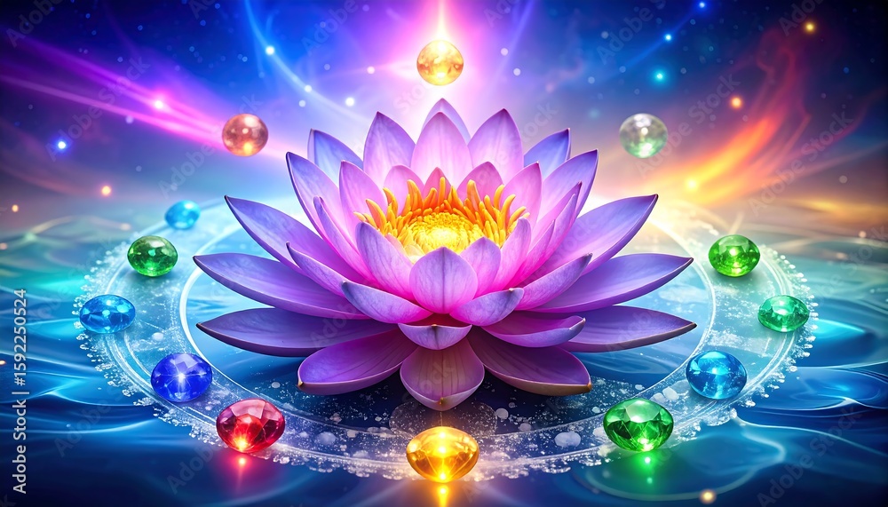 Fototapeta premium Vibrant lotus flower, surrounded by gems, in cosmic setting
