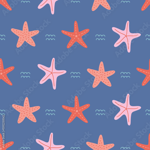 Ocean seamless pattern with starfishes and waves on blue background. Perfect for wallpaper, gift paper, summer greeting cards. Vector hand drawn child illustration