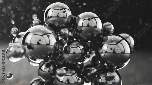 Shiny metallic spheres floating in liquid with air bubbles. Abstract monochrome video of chrome balls and droplets. Futuristic 3D animation concept for science or technology