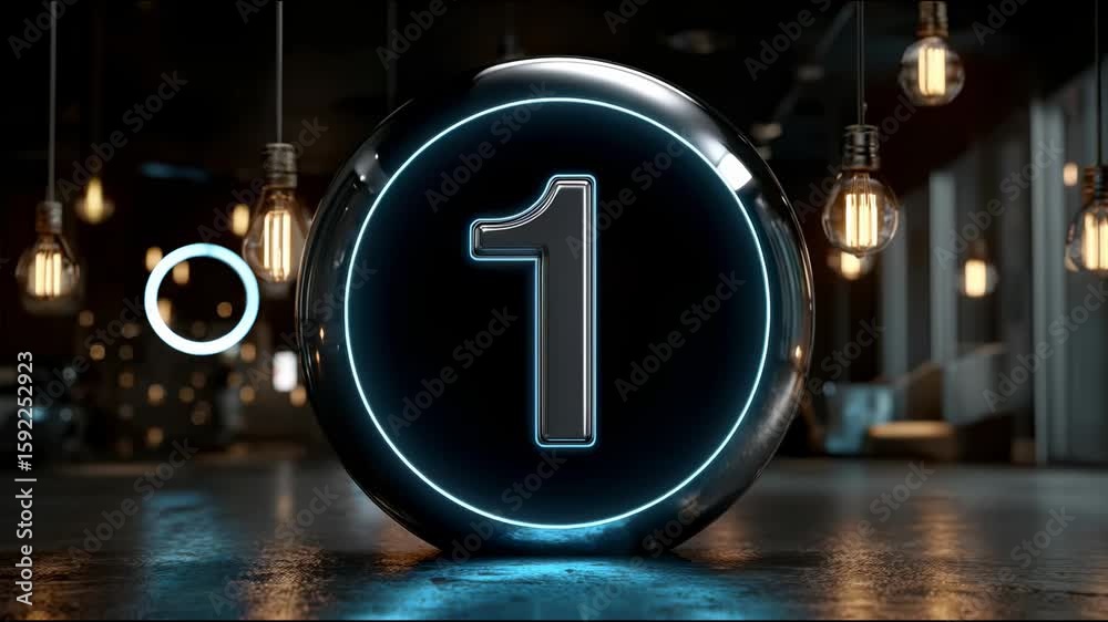 A countdown of 3, then 2, then 1 displayed on a shiny black ball with blue backlighting, surrounded by the warm glow of incandescent pendant lights in a modern space