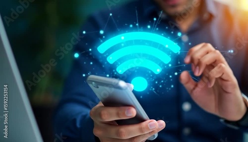 A person uses a smartphone with a prominent blue Wi-Fi symbol, representing wireless internet access and network connectivity.